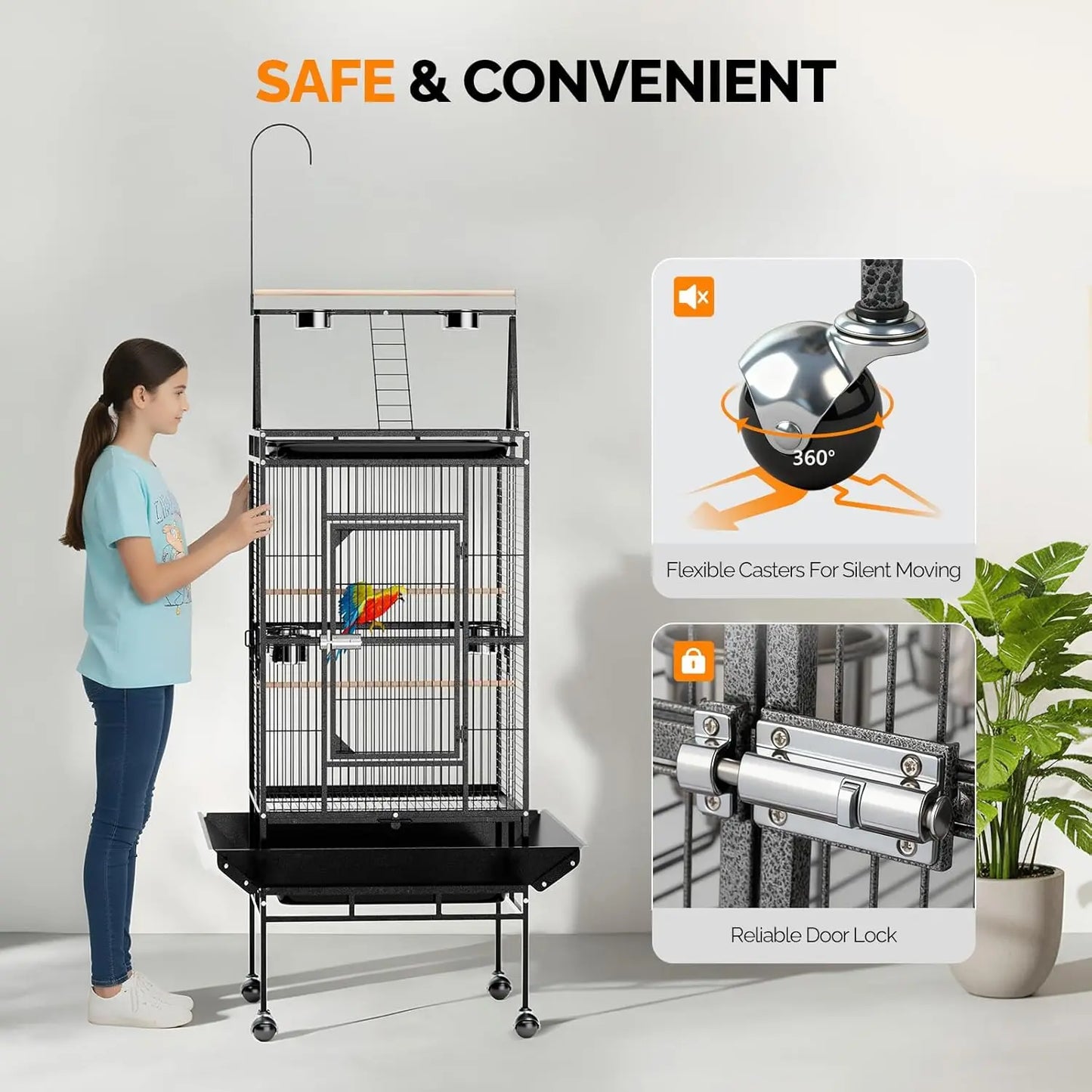 83 Inch Bird Cage with Play Top, Large Wrought Iron Bird Cage with Wheels, Rolling Parakeet Cage with