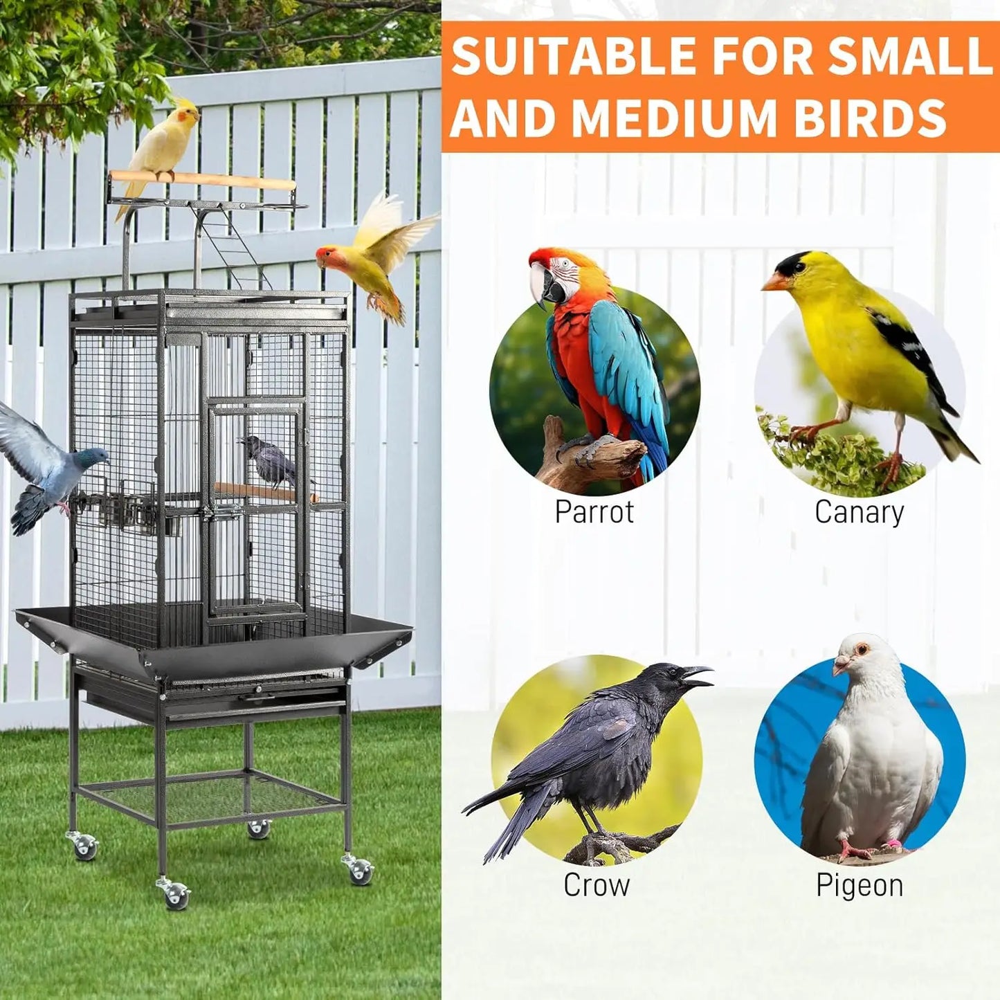 Bird Cage with Wheels, 62 inch Bird Cages with Play Top, Wrought Iron Cage with Rolling Stand for