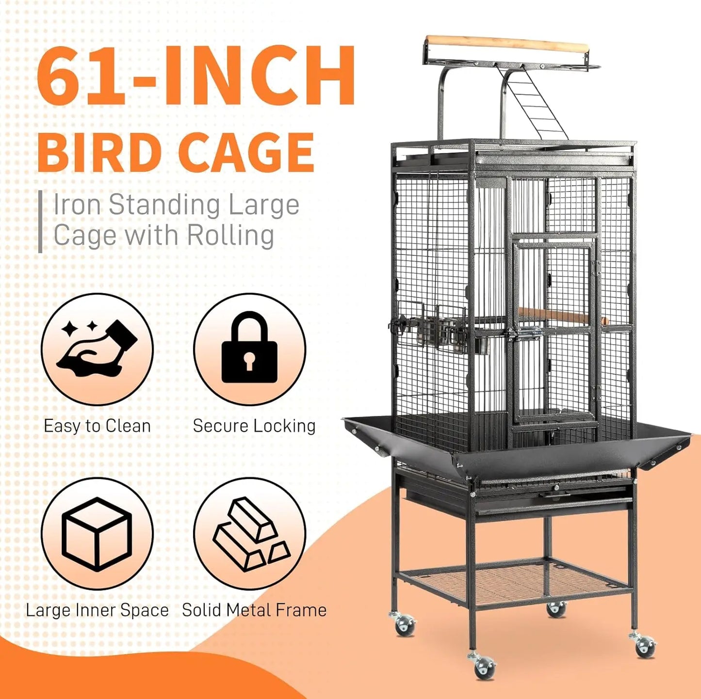 Bird Cage with Wheels, 62 inch Bird Cages with Play Top, Wrought Iron Cage with Rolling Stand for