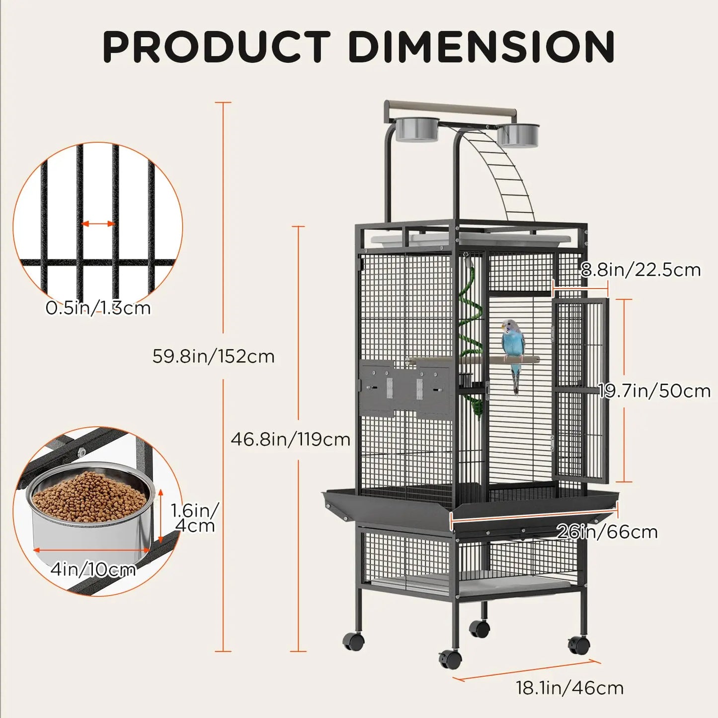 60" Large Metal Bird Cage With Play Top Rolling Stand Parrot Macaw Conure Cockatiel Flight Enclosure Pet House