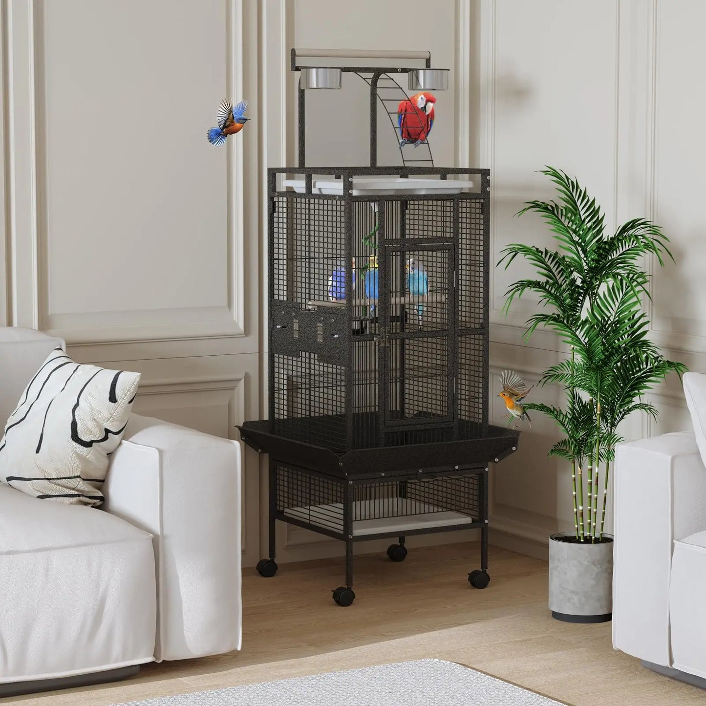 60" Large Metal Bird Cage With Play Top Rolling Stand Parrot Macaw Conure Cockatiel Flight Enclosure Pet House