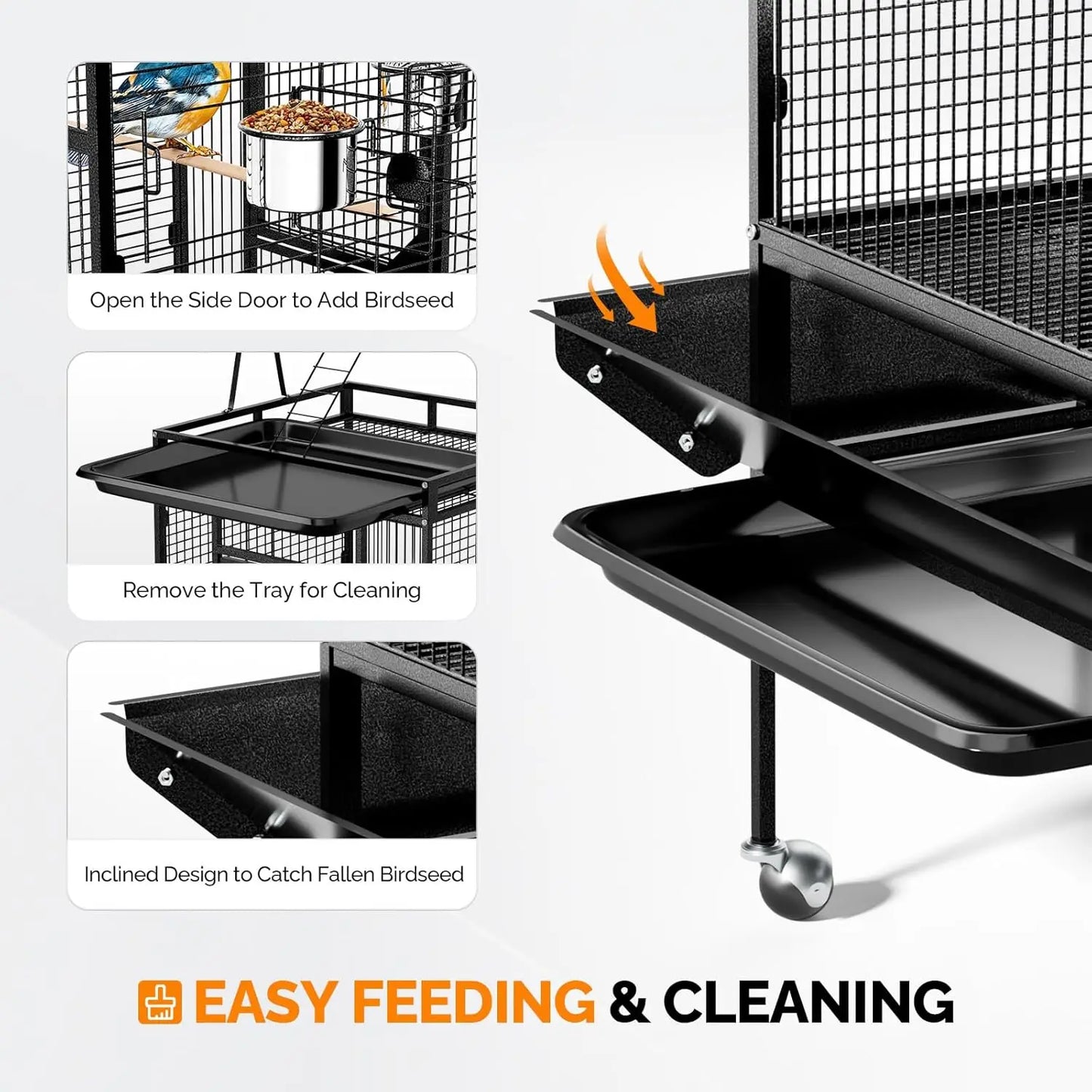 83 Inch Bird Cage with Play Top, Large Wrought Iron Bird Cage with Wheels, Rolling Parakeet Cage with