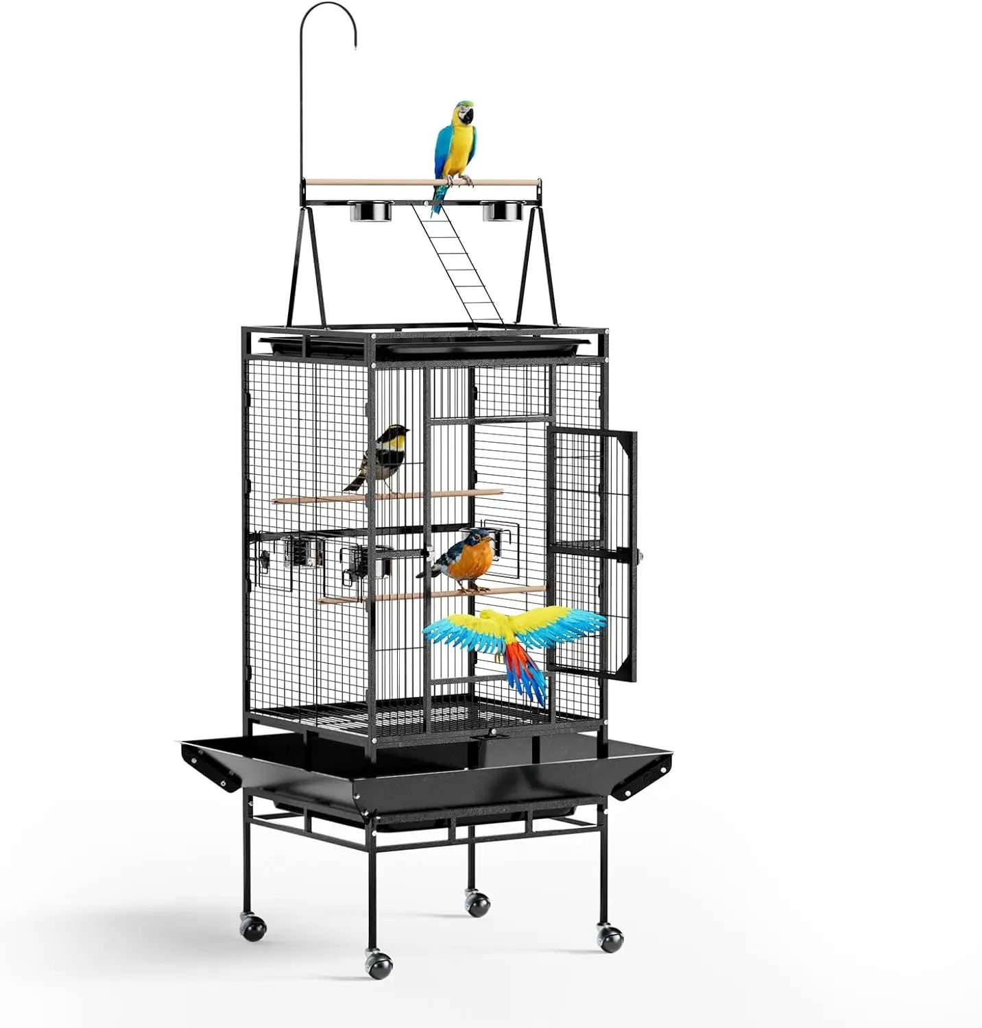 83 Inch Bird Cage with Play Top, Large Wrought Iron Bird Cage with Wheels, Rolling Parakeet Cage with