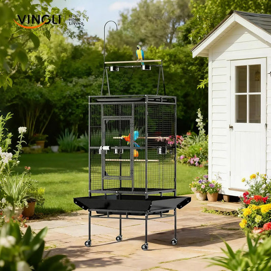 83 Inch Bird Cage with Play Top, Large Wrought Iron Bird Cage with Wheels, Rolling Parakeet Cage with