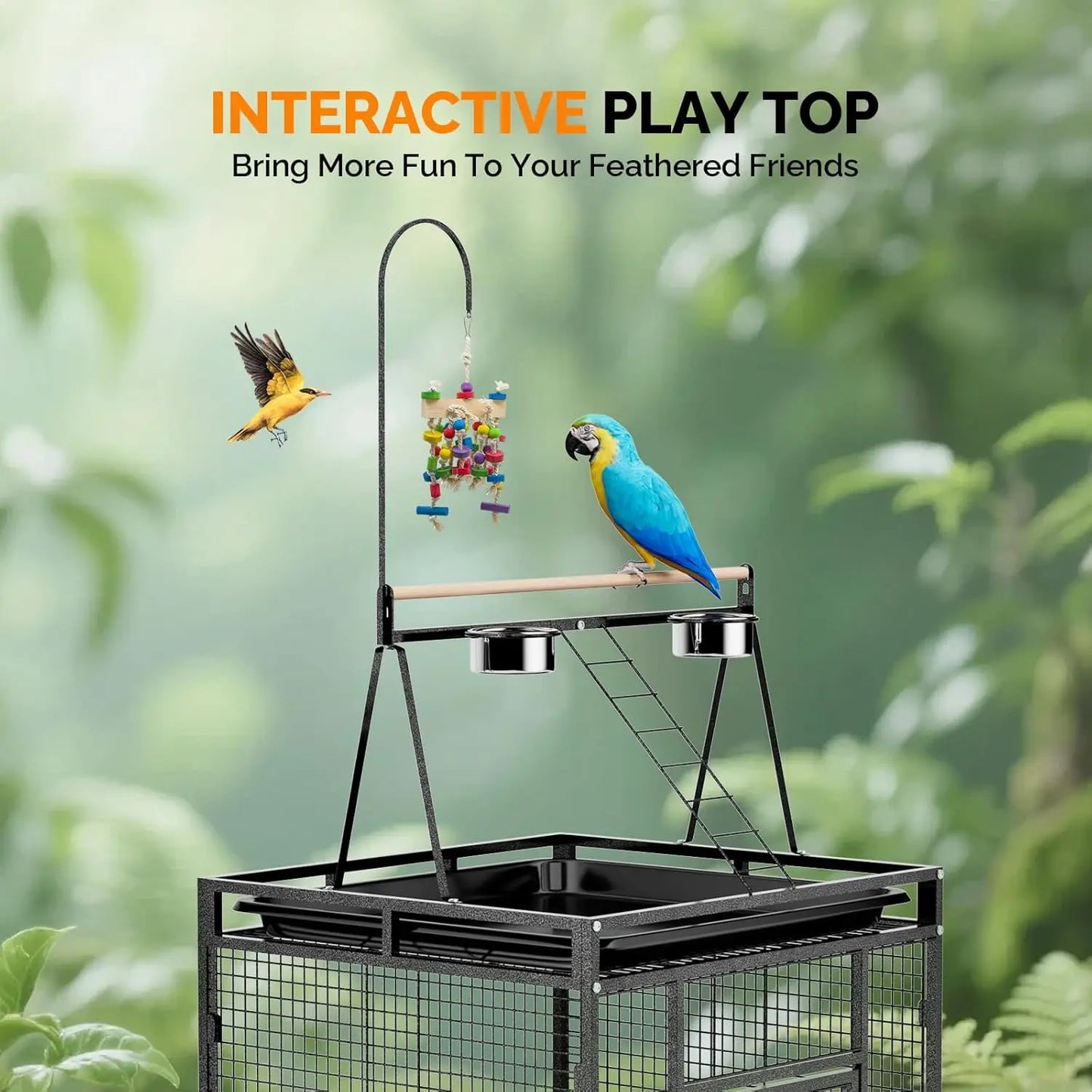 83 Inch Bird Cage with Play Top, Large Wrought Iron Bird Cage with Wheels, Rolling Parakeet Cage with