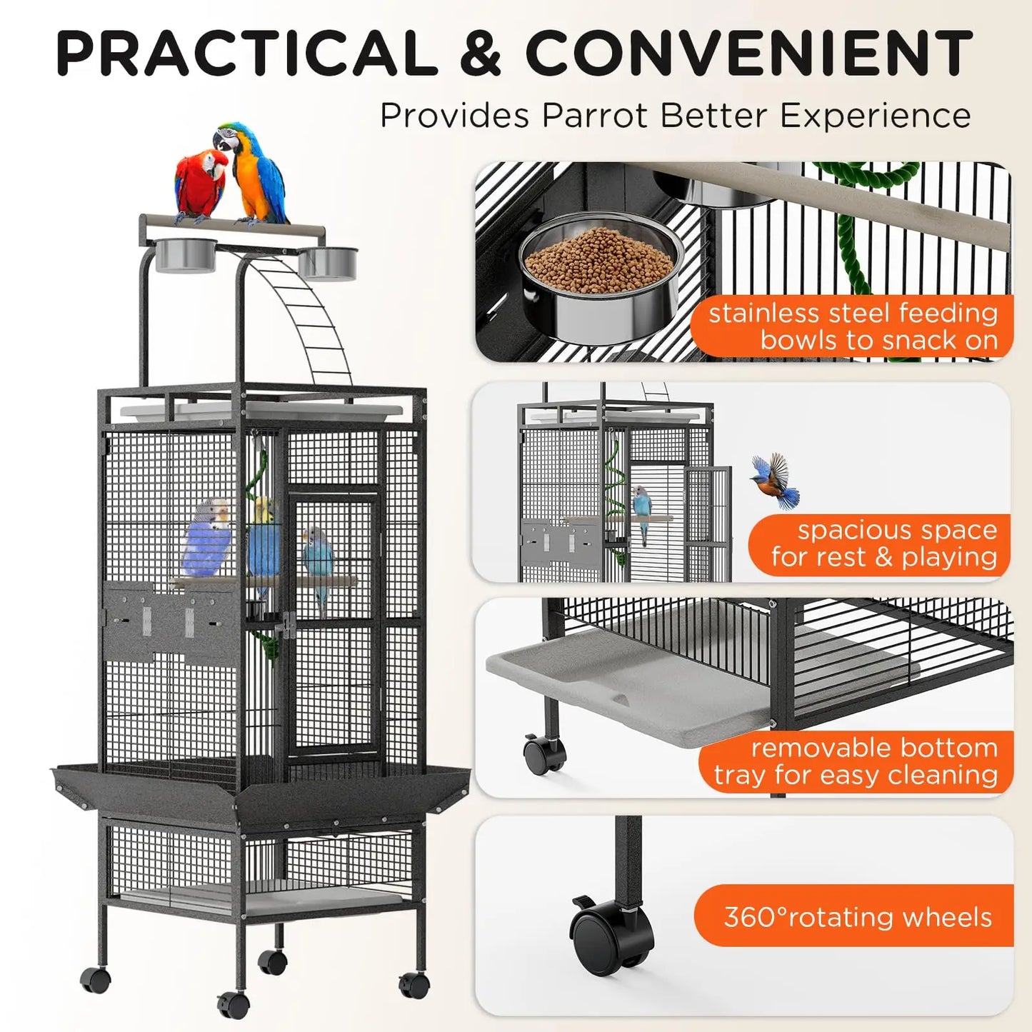 60" Large Metal Bird Cage With Play Top Rolling Stand Parrot Macaw Conure Cockatiel Flight Enclosure Pet House