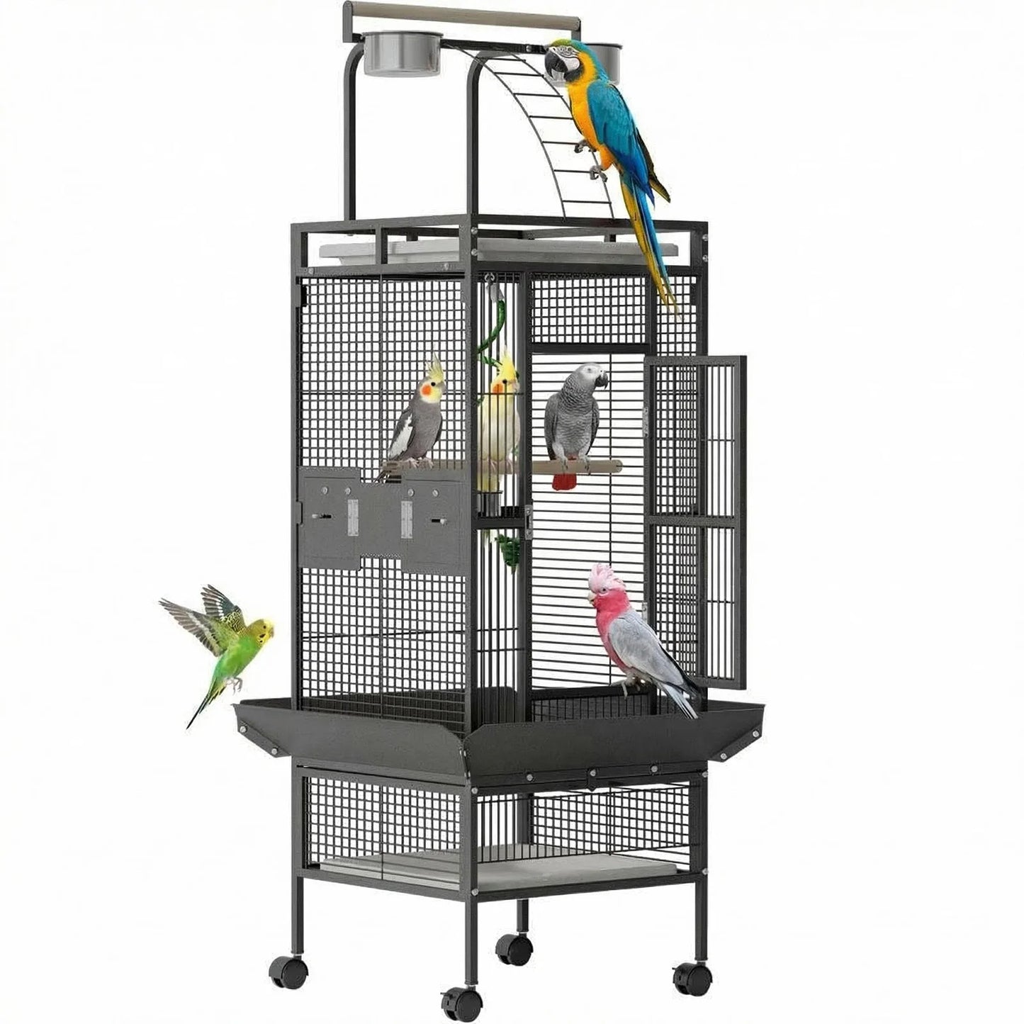 60" Large Metal Bird Cage With Play Top Rolling Stand Parrot Macaw Conure Cockatiel Flight Enclosure Pet House