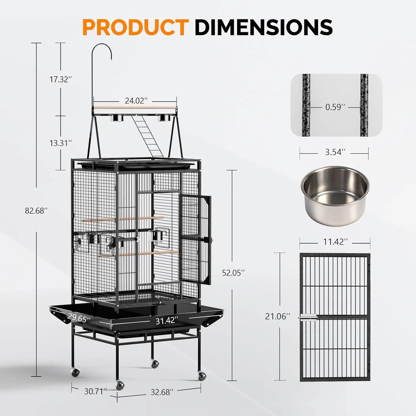 83 Inch Bird Cage with Play Top, Large Wrought Iron Bird Cage with Wheels, Rolling Parakeet Cage with