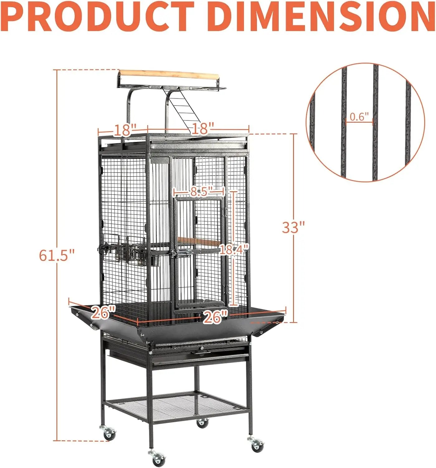 Bird Cage with Wheels, 62 inch Bird Cages with Play Top, Wrought Iron Cage with Rolling Stand for