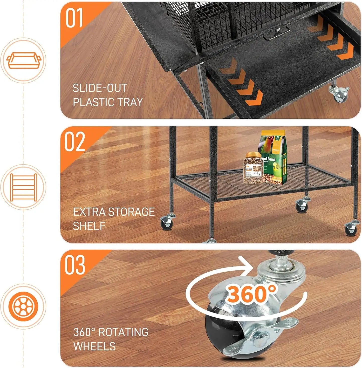 Bird Cage with Wheels, 62 inch Bird Cages with Play Top, Wrought Iron Cage with Rolling Stand for