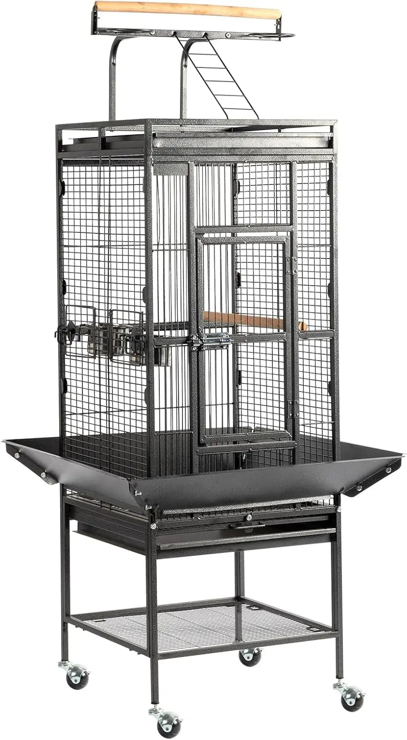 Bird Cage with Wheels, 62 inch Bird Cages with Play Top, Wrought Iron Cage with Rolling Stand for