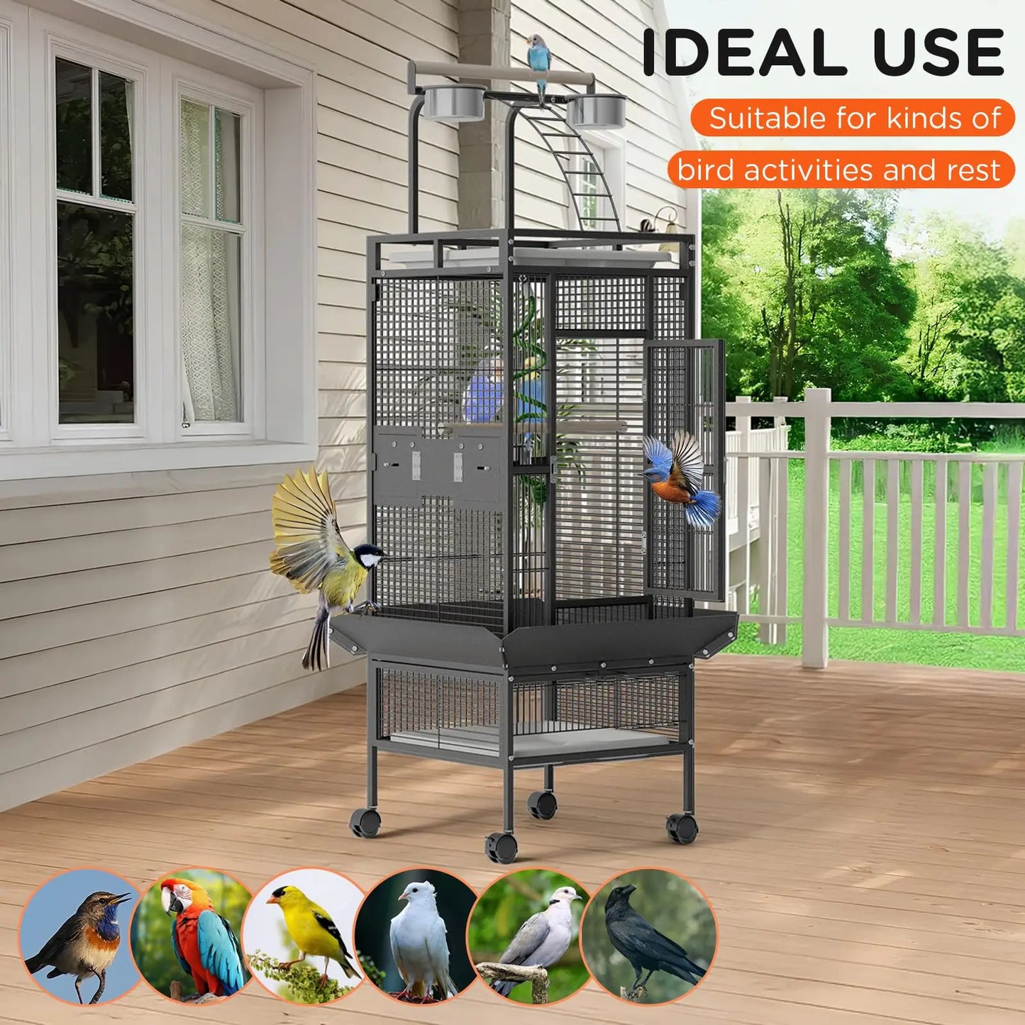 60" Large Metal Bird Cage With Play Top Rolling Stand Parrot Macaw Conure Cockatiel Flight Enclosure Pet House
